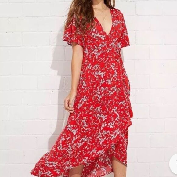 Abel the Label V Neck BOHO Maxi Dress Floral Short Sleeve Smocked High Low sz M - Picture 1 of 6
